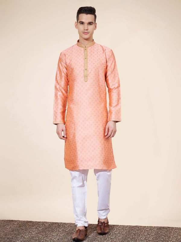 Pastel Peach Jacquard Silk Readymade Kurta Pajama